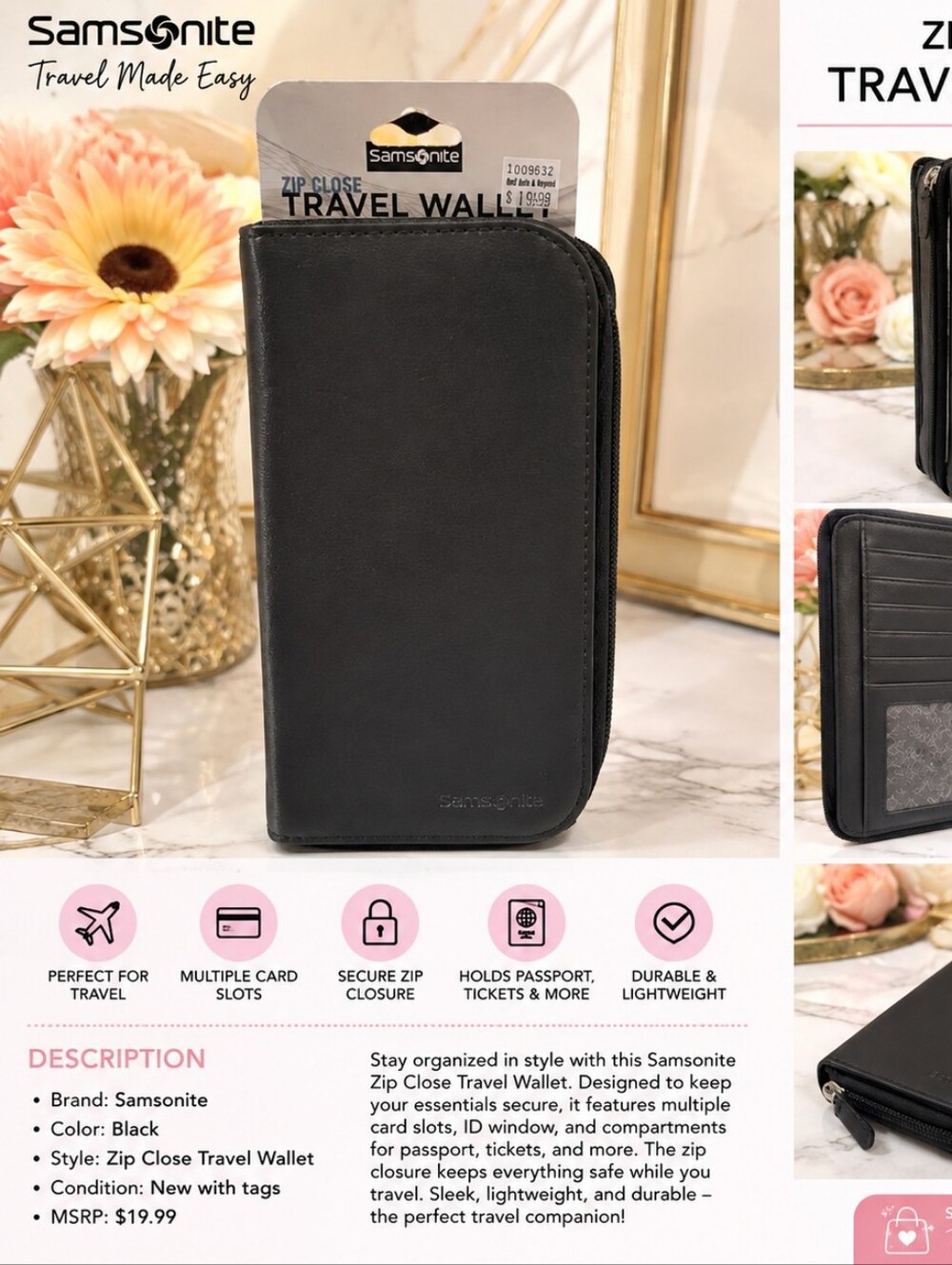 Samsonite BLACK ZIP-AROUND TRAVEL WALLET ORGANIZER